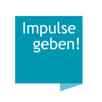Blaue Sprechblase mit Text 'Impulse geben!'.